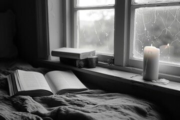 An open book placed on top of a bed near a window. Suitable for educational or cozy home interior concepts