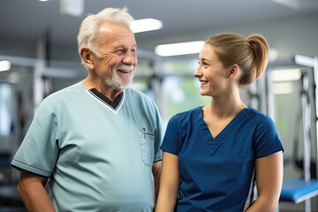 Smiling elderly man in a gym with a supportive physiotherapist.