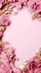 Openwork pink and golden floral applique boarder frame on pink background - obrazy, fototapety, plakaty