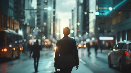 A businessman walk on road through blurred people and city and town