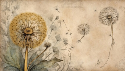 Dandelion drawn in watercolor sketch style on faded paper. AI generated