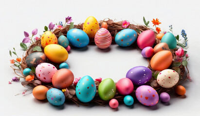 Obraz premium Colorful Easter eggs wreath on white background. AI generated