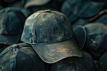 A pile of old worn baseball caps stacked on top of each other. Perfect for sports enthusiasts or nostalgic themes - obrazy, fototapety, plakaty