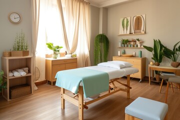 Bright therapy room with massage table and wooden decor.