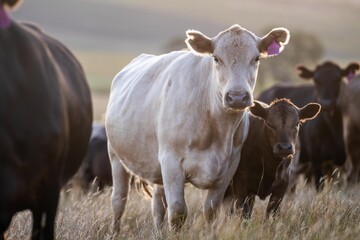 Beef Angus and Wagyu cows grazing in a field in a dry summer. Cow Herd on a farm practicing regenerative agriculture on a farming landscape. Fat Cattle at dusk