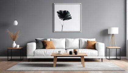 Wooden square coffee table near white sofa in room with grey wall with art poster. Minimalist elegant home interior design of modern living room.