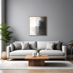 Wooden square coffee table near white sofa in room with grey wall with art poster. Minimalist elegant home interior design of modern living room.
