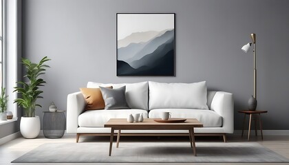 Wooden square coffee table near white sofa in room with grey wall with art poster. Minimalist elegant home interior design of modern living room.