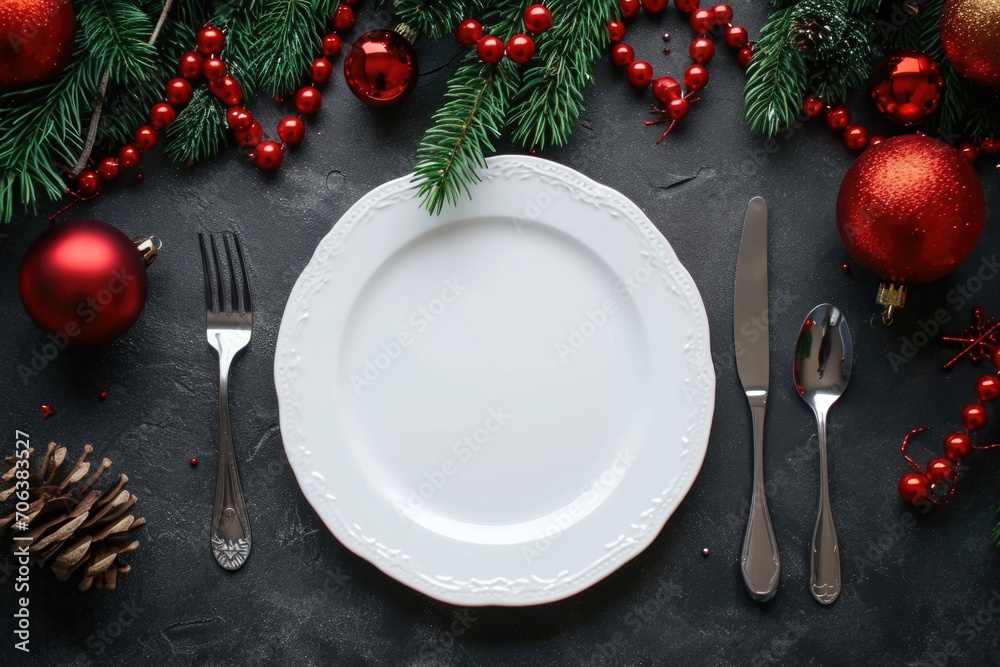 Poster A simple image of a plate with a fork and knife placed on a table. Suitable for various food-related concepts and restaurant themes