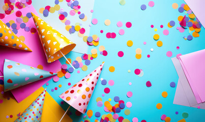party hats and confetti on colorful background