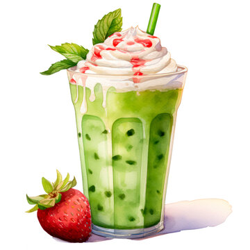 Matcha Strawberry latte and cream beverage watercolor