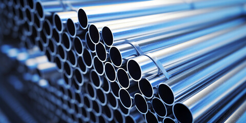fence,A neat pile of metal pipes photographed from above,Detailed View Of 3d Rendered Galvanized Steel Piping Background,Metallic Pipes In A Stacked Pile Near The Sky Background - obrazy, fototapety, plakaty