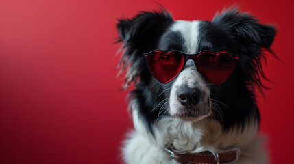 Charming Border Collie in Red Heart-Shaped Sunglasses