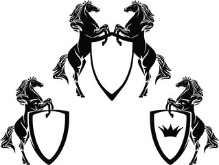 pair of rearing up mustang horses holding shield with royal crown - black rampant animals heraldic vector design set