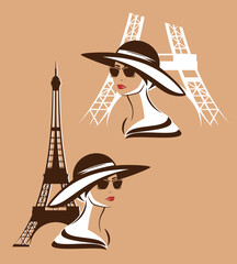 beautiful elegant parisian woman wearing sunglasses and wide brimmed hat with eiffel tower outline - glamorous fashionista travel in Paris vector design set - obrazy, fototapety, plakaty