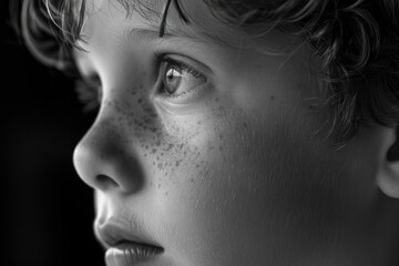 A close-up view of a child's face with adorable freckles. Perfect for capturing the innocence and beauty of childhood. Ideal for use in advertisements, websites, and educational materials