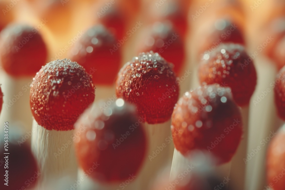 Poster a close-up view of a bunch of strawberries skewered on sticks. perfect for summer parties and health