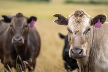 cows in field, grazing on grass and pasture in Australia, on a farming ranch. Cattle eating hay and silage. breeds include speckled park, Murray grey, angus, Brangus, hereford, wagyu, dairy cows.