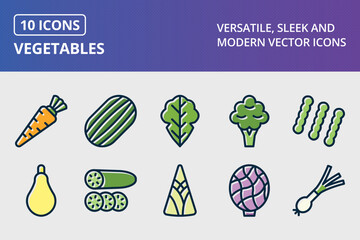 Vegetables Thick Line Filled Dark Colors Icons Set