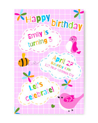 Birthday invitation card with cute cartoon animals. Vector illustration