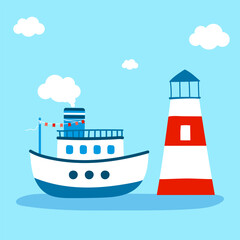 Lighthouse and ship. Vector illustration in flat style on blue background.