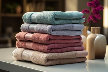 Obraz na płótnie Canvas Linen elegance Neatly stacked towels create a tidy and luxurious display