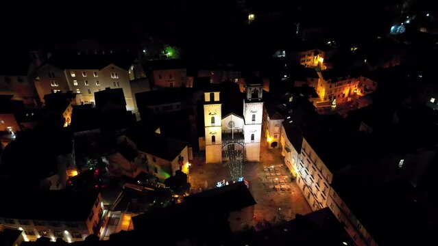 Aerial view of the Cathedral of St. Tryphon in the Old Town in Kotor, Montenegro