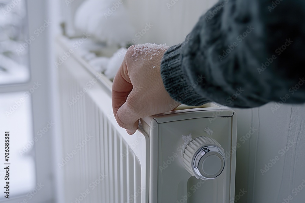 Wall mural a person's hand resting on a radiator in front of a window. this image can be used to depict warmth,