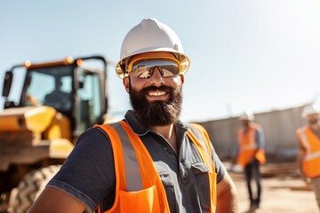 smiling construction worker in an orange vest with reflective stripes and a white helmet on a construction site against the background of construction equipment and a clear sky - obrazy, fototapety, plakaty