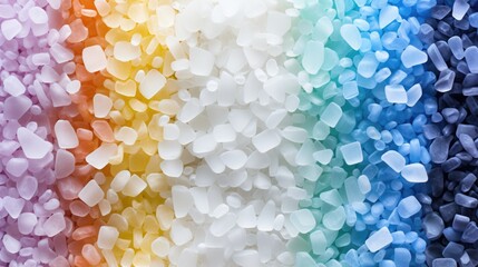 Crushed plastic granules. Polymer recycle industry. PVC production, rainbow colored thermoplastic - obrazy, fototapety, plakaty