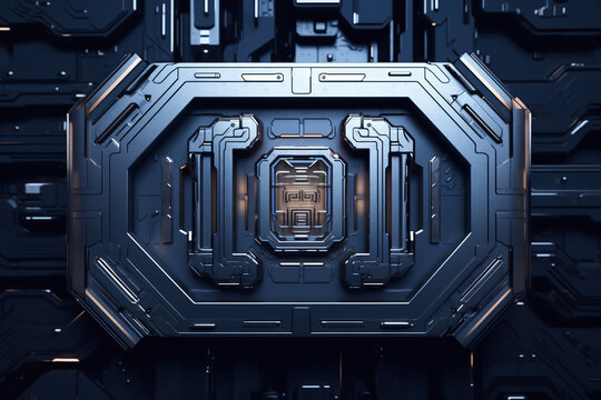 3d rendering metal techno rectangular geometric greeble symbol of broadcast