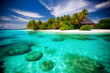 Fototapeta na wymiar Maldives Islands Ocean Tropical Beach Neural network AI generated art