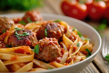 A delicious bowl of pasta with meatballs and a rich tomato sauce. Perfect for Italian cuisine or comfort food themes