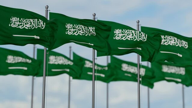 Kingdom of Saudi Arabia many flags waving together in the wind, seamless looped video
