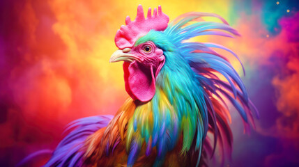 Fototapeta premium A multicolored rooster stands on a colorful background