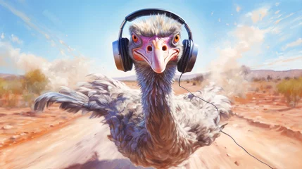 Fotobehang  An ostrich runs along the road with headphones on  © Tereza