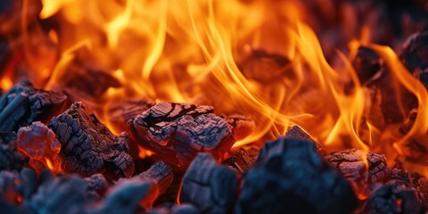 A close-up view of vibrant flames in a fire. Perfect for adding warmth and intensity to any project - obrazy, fototapety, plakaty