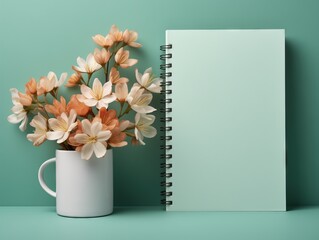 Blank note book with flower pot on table