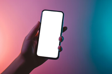 Hand holding modern smartphone with blank screen on gradient background, cut out - stock png.	