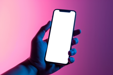 Hand holding modern smartphone with blank screen on gradient background, cut out - stock png.
