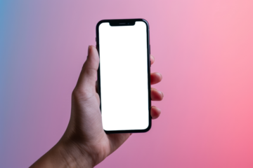 Hand holding modern smartphone with blank screen on gradient background, cut out - stock png.