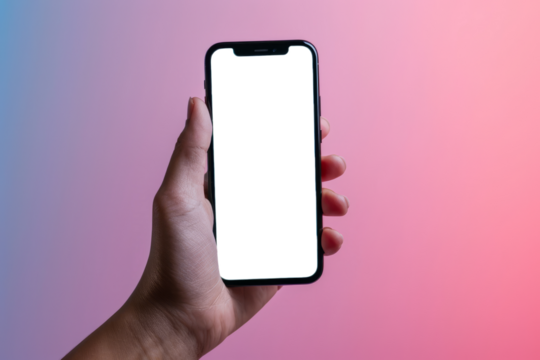 Hand holding modern smartphone with blank screen on gradient background, cut out - stock png.