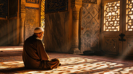 Silhouette of Muslim male praying in old mosque