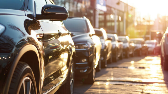 A car dealership is depicted with rows of new cars displayed for sale. The image highlights the variety and quantity of vehicles available