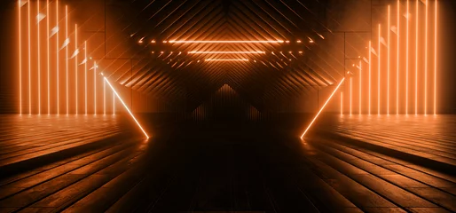 Sci Fi Futuristic Cyber Alien Stage Garage Showroom Cement Podium Realistic Neon Laser Glowing Orange Lights Studio Realistic Background 3D Rendering © IM_VISUALS