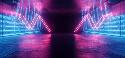 Sci Fi Futuristic Cyberpunk Alien Metal Cement Stage Garage Showroom Cement Podium Realistic Neon Laser Glowing Blue Red Lights Studio 3D Rendering © IM_VISUALS