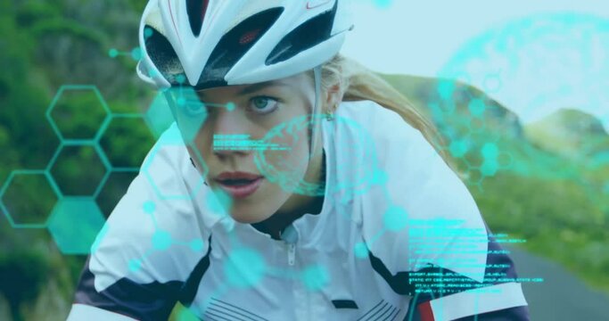 Animation of chemical models and data processing over caucasian woman riding bicycle on road