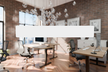 transparent text box in front of modern minimalistic pc workspace in luxurious loft office and panoramic view; remote work home office concept; bright daylight; 3D rendering
