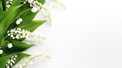 Spring composition of lily of the valley flowers, top view with space for copy text on a background