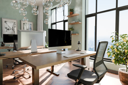 luxurious loft apartment with floor-to-ceiling windows and panoramic view; modern minimalistic interior design of workspace home office area; bright daylight; 3D rendering